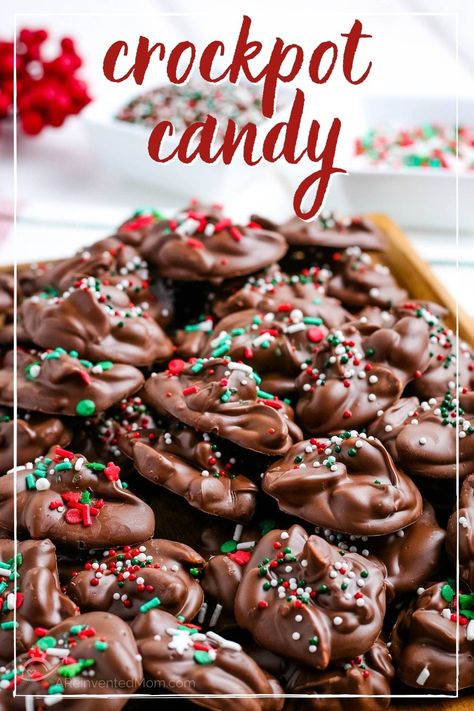 This easy crockpot candy recipe is also known as Christmas crack. Once you try it you'll be totally hooked. Made with 3 kinds of chocolate bark (white, milk & semi-sweet) & peanuts. We've also shared ways to adapt the peanut cluster recipe to other holidays & celebrations. Congealed Salads, Peanut Cluster, Christmas Crockpot, Peanut Clusters In Crockpot, Crockpot Candy Recipes, Crockpot Desserts, Crockpot Christmas, Chocolate Peanut Clusters, Crockpot Candy