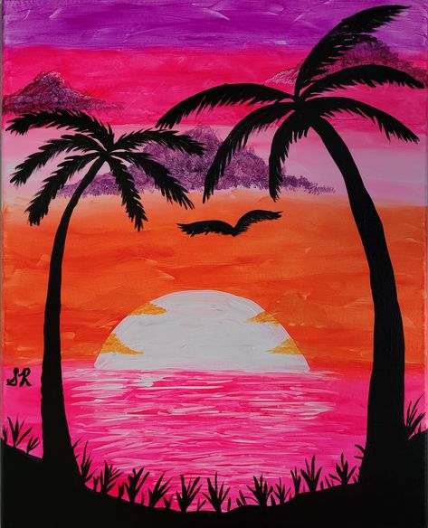 'Caribbean Beach' Black light glow in the dark acrylic painting of a Caribbean sunrise. By: Stephanie Reuka #sunrise #carribean #art Carribean Art Paintings, Dark Acrylic Painting, Frat Coolers, Caribbean Beach, Caribbean Art, Sip N Paint, Prophetic Art, Caribbean Beaches, Ocean Painting