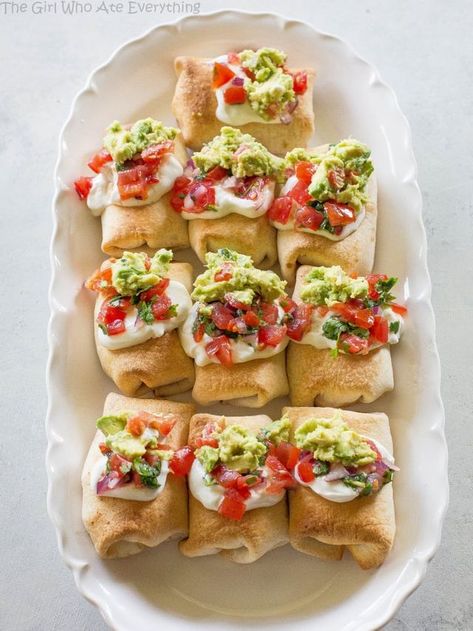 Mini Chicken Chimichangas | The Girl Who Ate Everything | Bloglovin’ Stuffed Cucumber Bites, Appetizers Gluten Free, Chicken Chimichanga, Chicken Chimichangas, The Girl Who Ate Everything, Mexican Appetizers, Cucumber Bites, Cooking Chicken To Shred, Soft Tacos