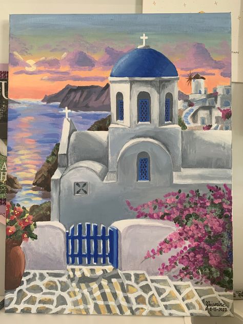 Mykonos Greece Painting, Santorini Greece Drawing, Mama Mia Painting Ideas, Greece Art Paintings, Santorini Greece Painting, Drawings On Canvas, Santorini Painting, Greece Drawing, Watercolour Drawings