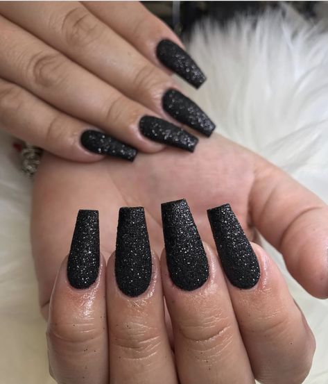 Nails Black Sparkle Glitter, Black Glitter Birthday Nails, Prom Nails Black Sparkle, Mate Black Nails With Glitter, Black Fine Glitter Nails, Halloween Acrylic, Halloween Acrylic Nails, Garden Grove, Nail Fashion