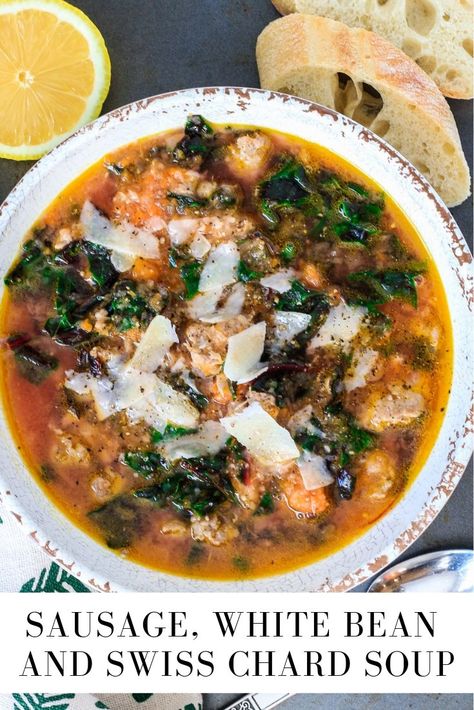 Swiss Chard Soup, Sausage White Bean, Chard Soup, French Soup, Swiss Chard Recipes, Chard Recipes, Parmesan Rind, Chicken Gnocchi Soup, Hearty Stews