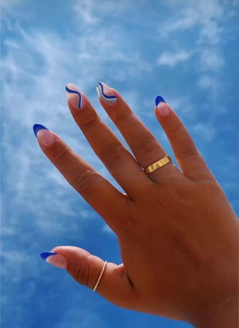 Summery Almond Shaped Nails, Colorful French Tips Almond, Blue Vacay Nails, Blue Nails Asthetics, Short Almond Nail Inspo Summer, Cut Nail Ideas, Senior Photo Nails, Beach Nails Short, Almond Summer Nail Ideas