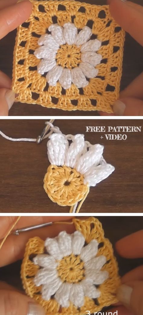 Crochet Daisy Granny Square Free Crochet Patterns + Video #knittingideas #crochettips #knitting Granny Square Hats, Daisy Granny Square Pattern, Daisy Granny Square, Large Daisy, Womens Knitting Patterns, Granny Square Pattern, Yarn Flowers, Scarf Knitting, Crochet Daisy