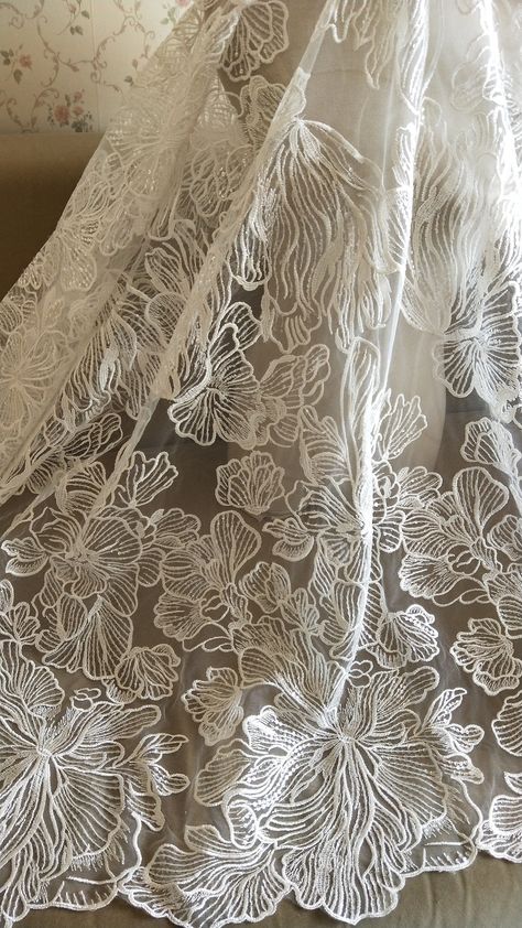 "Elegent Lace Fabric Ivory Floral Retro Sequined Bridal Lace New Design Lace fabric For Wedding Dress Fashion Dress High Quality Width: 53\"(1.35 meters) This listing is for 1 Yard. There are 15 yards in 1 roll. Please Note this fabric is sequined. All the lace are perfect for wedding dress, lingerie, bra, dresses, dolls, bridal veil, altered art, couture, costume, jewelry design, pillowcase, home decor and other projects you could imagine. For more quantity, please feel free to convo me for cus Lace Fabric Pattern, Lace Aesthetic, How To Trim Roses, Wedding Dress Fashion, Bridal Fabric, For Wedding Dress, Lace Outfit, Dress Sketches, Ivory Flowers