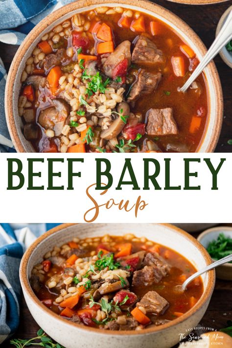 This old-fashioned Beef Barley Soup is a healthy and easy lunch or dinner for cool days! The one pot meal is loaded with nourishing vegetables, chunks of tender meat, and plump barley for a flavorful and cozy dish that the whole family will love. Serve each warm bowl with a loaf of crusty bread, a skillet of cornbread, flaky buttermilk biscuits, or a simple green salad. Crockpot Beef Barley Soup, Flaky Buttermilk Biscuits, Classic Beef Stew, The Seasoned Mom, Beef Barley, Beef Barley Soup, Tender Meat, Homemade Soup Recipe, Roasted Butternut Squash Soup