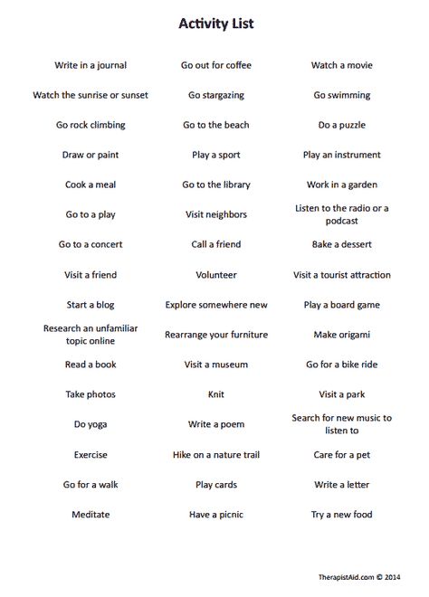 Activity List Preview Behaviour Activation, Behavioral Activation Activities, Behavioural Activation, Behavioural Activation Worksheet, Behavioral Activation, Adolescent Therapy, Coping Skills Worksheets, Counseling Techniques, Cbt Therapy