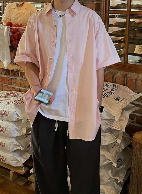 Pink Aesthetic Outfits Men, Coquette Boy Outfit, Pastel Boy Outfit, Pink Button Up Shirt Outfit, Gary Prince, Pastel Outfit Men, Coquette Men, Black Pants White Shirt, Soft Boy Aesthetic Outfits