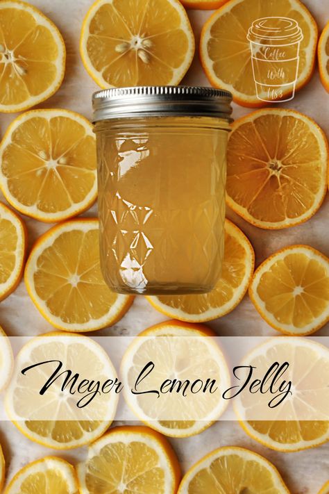 All the delightful taste of Meyer lemons is bottled up in this Meyer Lemon Jelly recipe.  Serve it on toast, or eat it with a spoon-- either way it's delightful! Lemon Lavender Jelly, Lemon Drop Jelly Recipe, Lemon Jam Recipe Canning, Canning Lemons, Lemon Snacks, Lemon Jam Recipe, Lemon Jelly Recipe, Jelly Coffee, Meyer Lemon Recipes