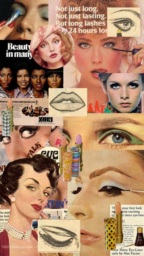 Vintage Makeup Magazine, Makeup Backgrounds Aesthetic, Make Up Mood Board, Makeup Collage Aesthetic, Mood Board Makeup, Morticia Makeup, Makeup Scrapbook, Vintage Beauty Ads, Makeup Mood Board