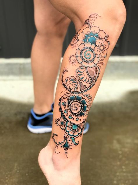 Leg tattoo Mandala Side Leg Tattoo, Colour Leg Tattoo Women, Full Leg Tattoo Female Color, Feminine Lower Leg Tattoos, How To Start A Leg Sleeve Tattoo, Celtic Leg Tattoos For Women, Womens Lower Leg Tattoo Ideas, Colour Leg Tattoo, Leg Tattoos Women Lower Calf Unique