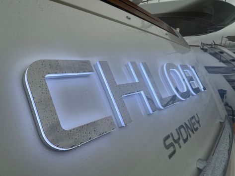 Brand spanking new LED boat name for M/Y CHLOE 1. Check out the signs up close in the link below 👇 #InnovativeWraps #MarineBranding #StainlessSteelSigns #BoatName Boat Name Decals, Boat Lettering, Boat Name, Lit Meaning, Boat Names, Boat Stuff, Steel Signs, The Marine, Motor Boats