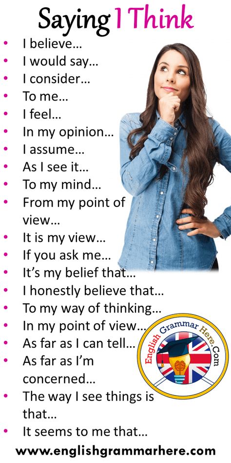 20 Ways to Say I Think, Express Your Opinion I believe… I would say… I consider… To me… I feel… In my opinion… I assume… As I see it… To my mind… From my point of view… It is my view… If you ask me… It’s my belief that… I honestly believe that… To my way of thinking… In my point of view… As far as I can tell… As far as I’m concerned… The way I see things is that… It seems to me that… Ways To Say I Think, Taal Posters, Business Writing Skills, Struktur Teks, Studera Motivation, English Learning Spoken, Essay Writing Skills, Conversational English, English Vocab