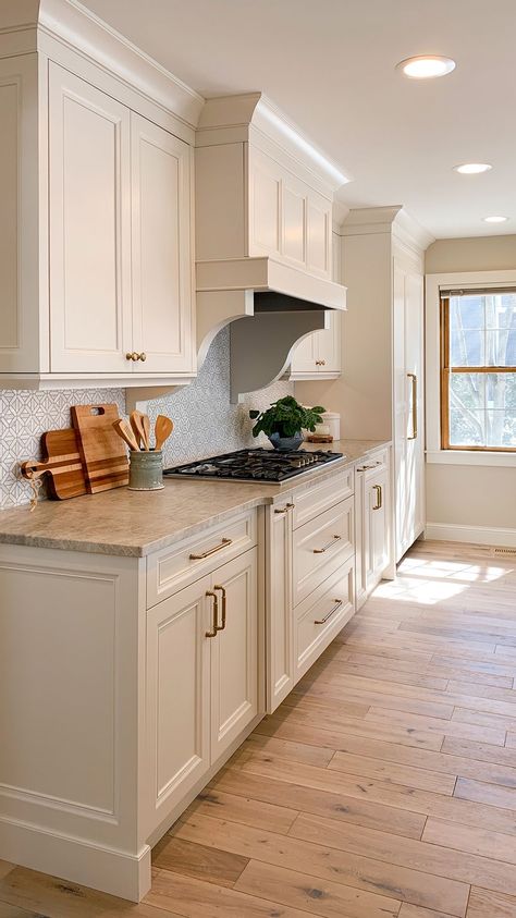 Paneled Hood Kitchen, Classic Range Hoods, Kitchen Design Range Hood, White Traditional Kitchen Cabinets, Kitchen Hood And Cabinets, Mantel Style Range Hood, Traditional Kitchen Hood, White Kitchen Renovation Ideas, Kitchen Hood Corbels