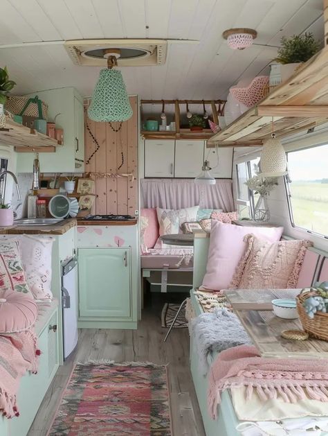 Boho Camper Remodel, Cottage Camper, Camper Design Ideas, Pink Caravan, Shabby Chic Caravan, Husbil Makeover, Shabby Chic Campers, Trillium Trailer, Caravan Life