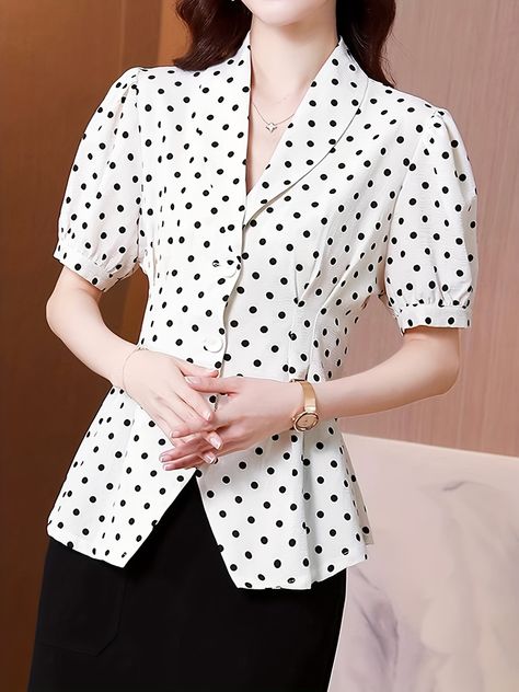 Fancy Blouses, Blouse Casual, Fancy Blouse Designs, Blouse Pants, Polka Dot Print, Sleeve Detail, Shawl Collar, Dot Print, Short Sleeve Blouse