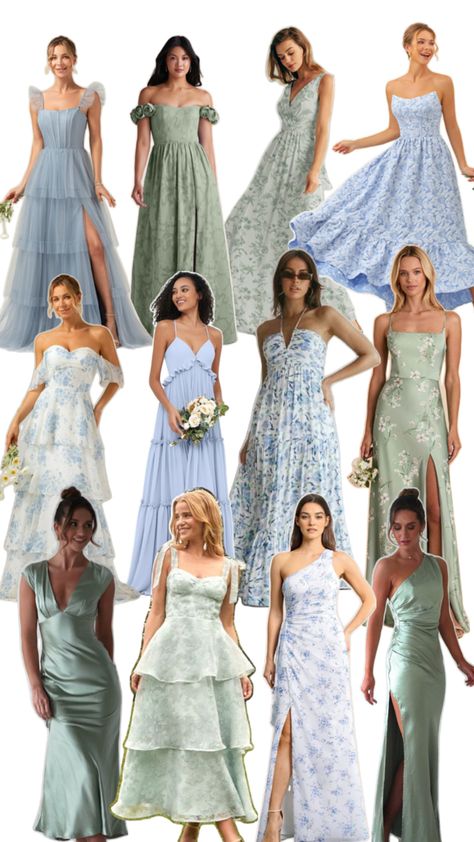 Mismatched blue and green formal dresses Blue And Green Bridesmaids, Floral Bridesmaid Dresses Mismatched, Mismatched Green Bridesmaid Dresses, Bridesmaid Dresses Mismatched, Mismatched Bridesmaid Dresses Blue, Spring Bridesmaid Dresses, Green Formal Dresses, Floral Bridesmaid Dresses, Mismatched Bridesmaids