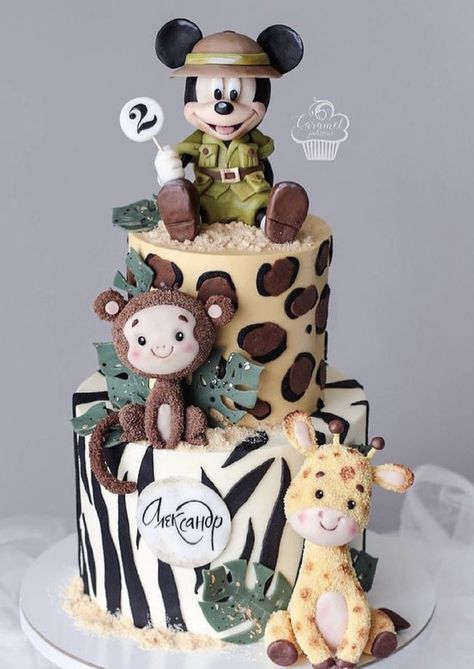 Mickey Birthday Cakes, Super Torte, Mickey First Birthday, Jungle Theme Birthday Party, Baby Birthday Party Theme, Baby Boy Birthday Cake, Jungle Thema, Mickey Cakes, Mickey Birthday Party