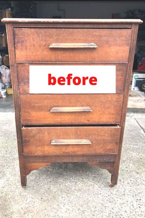 Check out the before and after dresser upcycle idea. Painted furniture is a great way to decorate your bedroom on a budget. Easy and creative Flea market dresser flip idea with black paint. #hometalk Refinishing Dressers Ideas, Before After Furniture Makeover, Upcycle Small Dresser, Bedroom Furniture Upcycle Ideas, Three Drawer Dresser Makeover, 4 Drawer Dresser Makeover, Dresser Flips Before After, Small Dresser Makeover, Black And Wood Dresser