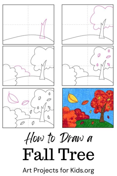 Fall Landscape Drawing Easy, Step By Step Drawing Tree, Fall Step By Step Drawing, Directed Drawing For Kids Fall, Step By Step Fall Drawings, Fall Art Projects For Elementary Students, How To Draw A Fall Tree, Drawing Autumn Ideas, Drawing Fall Ideas