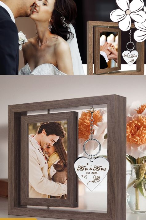 #Vertical wedding picture frame  #  Gifts for Couples  # Rotating wood Mr and Mrs picture frame, 4 x 6 with stainless steel keyring # Rustic picture frame with back easel for 
Engagement, Couples, Bridal shower gift. affiliate link Homemade Gifts For Girlfriend, Wedding Picture Frame, Bridal Shower Gifts For Bride, Gifts For Bride, Wedding Gifts For Bride And Groom, Couples Bridal Shower, Rustic Picture Frames, Gifts For Couples, Marriage Gifts