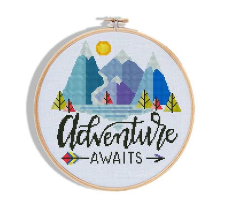 Adventure awaits cross stitch mountains forest little explorer geometric baby tree landscape - Cross Stitch Pattern (Digital Format - PDF) Cross Stitch Mountains, Baby Tree, Mountains Forest, Subversive Cross Stitch, Nature Cross Stitch, Tree Landscape, Modern Cross, Modern Cross Stitch, Cross Stitch Charts