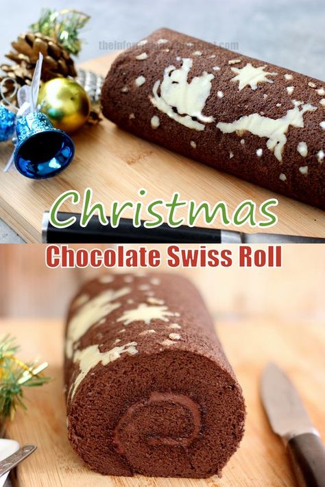 Christmas Chocolate Swiss Roll 巧克力瑞士卷 Chocolate Swiss roll made out of "tang mian" method with a Christmas artwork. This chocolate roll is so soft and moist it easily beat store bought ones. In the spirit of Christmas, I borrowed the Japanese roll cake method to add a Christmas artwork. This is a perfect gift for Christmas! Christmas Roll Cake Design, Roll Cake Christmas, Christmas Swiss Roll Cake, Swiss Roll Christmas, Swiss Roll Cake Design, Roll Cake Decoration, Christmas Swiss Roll, Christmas Roll Cake, Christmas Cake Chocolate