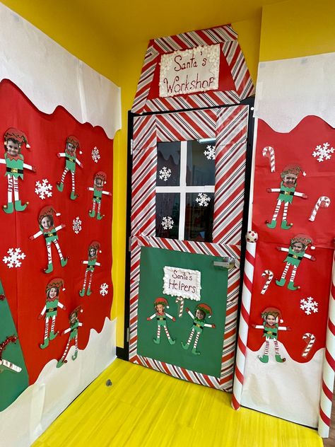 Santa’s Workshop Door Decorating, Santa’s Workshop Classroom Door, Santa Workshop Door Decorations, Preschool Christmas Door, Christmas Door Decorations Contest, Holiday Classroom Doors, Santa Toys, Christmas Door Decorating Contest, Christmas Classroom Door