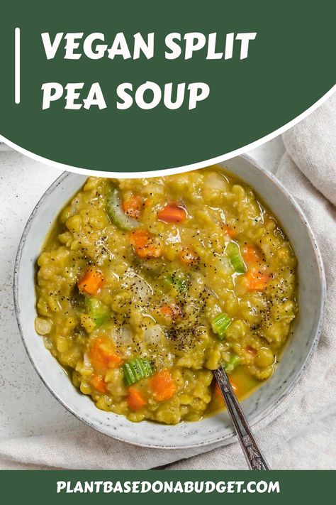 This Vegan Split Pea Soup is incredibly comforting and so simple to make. It’s great for meal prepping for the week too! Vegan Split Pea Soup Crockpot, Split Pea Soup Vegetarian, Vegan Pea Soup, Pea Soup Crockpot, Recipe For Soup, Meal Prepping For The Week, Vegan Split Pea, Split Pea Soup Crockpot, Kale And Bean Soup