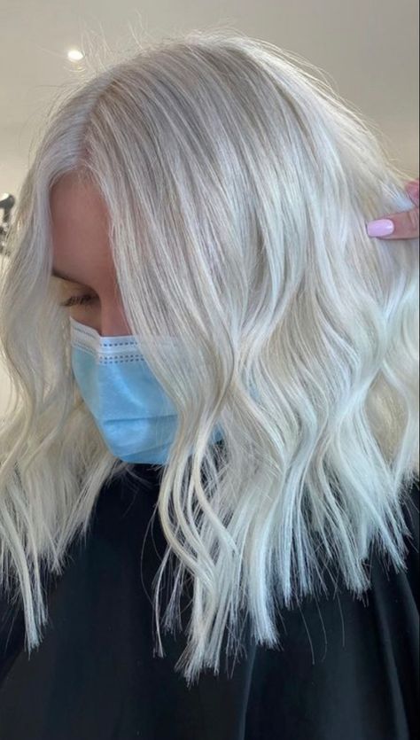 White Blonde Medium Length Hair, Platinum Gray Blonde Hair, Full Blonde Highlights Short Hair, Medium Length Haircut Platinum Blonde, Platinum Blonde Hair With Dimension, Ice Blonde Hair Short, Blonde Hair Icy, Bright Platinum Blonde Hair, Platinum Blonde Medium Length Hair