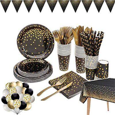 Black And Gold Party, Party Supply Kits, Gold Graduation Party, Birthday Party Accessories, Polka Dot Party, New Year's Eve Recipes, Gold Party Decorations, Plastic Forks, Rose Gold Party