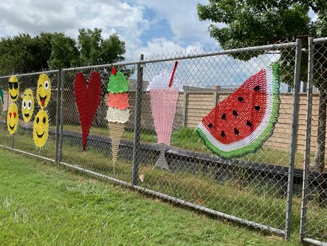 Chalk Photography, Crocheted Food, Girl Scout Daisy Activities, Outdoor Kids Play Area, Spring Break Camping, Selfie Wall, Girl Scout Daisy, Crochet Tree, Fence Art