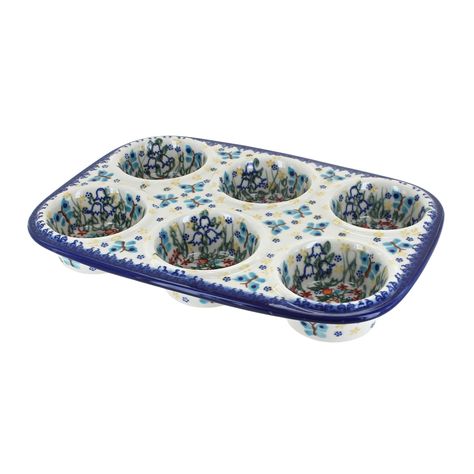 Great item in your favorite patterns - muffin pan! 12" x 8" - cups are 2.85" diameter and 1.25" deep! The Art of Polish Pottery, as we know it today, started as local folk art centuries ago in the German province of Silesia. Polish Pottery Patterns, Ceramic Bakeware, Muffin Pans, Blue Sage, Antique Dishes, Garden Pottery, The Peacock, Garden Of Eden, Stamping Techniques