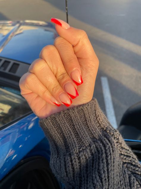 Nails With Hints Of Red, Simple White And Red Nails, Nails To Wear With Red Dress, Basic Red Acrylic Nails, Short Nail Designs Red French Tips, White And Red Nails French Tip, Red Nails Coffin Short, Cute Red Nail Ideas Short, Red French Tip Acrylic Nails Coffin Short