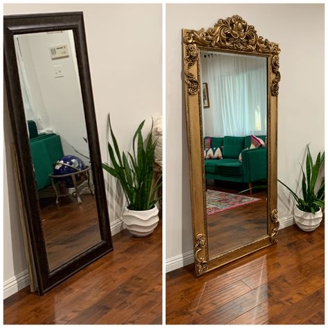 I took an old, boring floor length mirror and turned it into a gold ornate mirror for under $90 using wood onlays and antique gold Rub N’ Buff. Diy Floor Mirror Frame, Diy Floor Mirror, Mirrors Diy, Spiegel Diy, French Baroque, Floor Length Mirror, Mirror Frame Diy, Mirror Makeover, Deco Studio