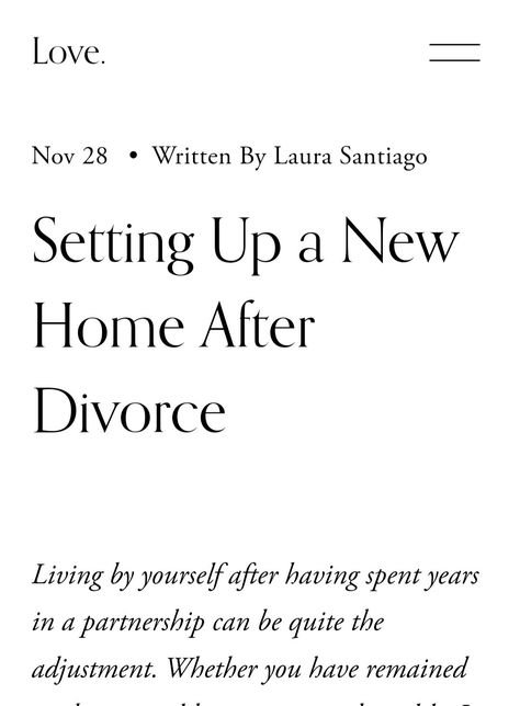 Screenshot of black lettering on white background of blog post titled 'Setting Up a New Home After Divorce' First Apartment After Divorce, Divorce Healing, Healing After Divorce, Moving Out Of Home, Coping With Divorce, Divorce Wife, Divorce Support, Communication Tips, Divorce Advice