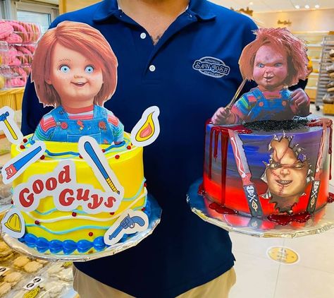 Chucky Cake, Crazy Birthday Cakes, Tiffany Birthday Party, Horror Themed Party, Scary Cakes, Tiffany Birthday, Halloween Candy Bar, Spooky Cake, Good Guy Doll