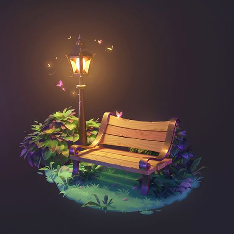 3d Environment Modeling, Blender Environment, Bench Aesthetic, Blender Artwork, Grass Bushes, Animation Art Style, Blender 3d Art, Bench Drawing, 3d Game Environment