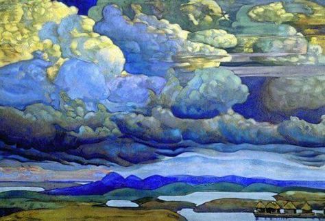 The Battle in the Heavens Nicholas Roerich Nikolai Roerich, Nicholas Roerich, The Heavens, Tempera, Realism, Landscape Art, Amazing Art, The Sky, Landscape Paintings