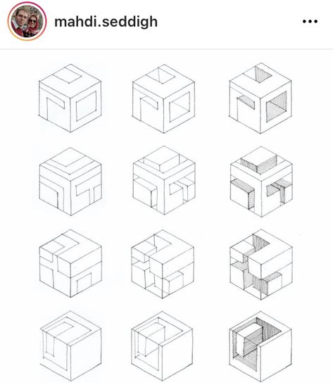 Cubes Architecture Concept, Cubes Architecture, Isometric Cube, Architecture Journal, Geometric Shapes Drawing, Conceptual Model Architecture, Interior Design Portfolio Layout, Isometric Drawing, Architecture Sketchbook