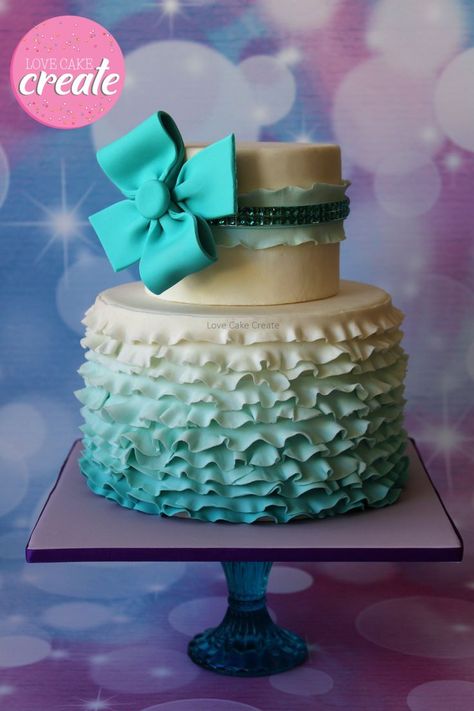 Ombre Teal Ruffle Cake with a Fondant Bow - by Love Cake Create Ombre Ruffle Cake, Fondant Cake Tutorial, Bow Cake, Fondant Bow, Cake With Fondant, Pear Cake, Fondant Rose, Ruffle Cake, Minecraft Cake