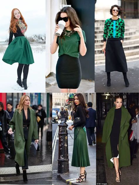 13 Colors That Go With Green Clothes (Fashion 2023) Black And Olive Green Outfit, Olive Green And Black Outfit, Black Pants Brown Shoes, Black And Green Outfit, Grey Top Outfit, Forest Green Skirt, Emerald Green Outfit, Olive Green Outfit, Dark Green Skirt