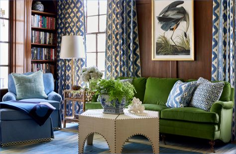 China Seas Bali Hai curtains and pillow by Sarah Bartholomew in House Beautiful | Quadrille Wallpapers & Fabrics Timeless Decorating, Sarah Bartholomew, Green Sofa, A Living Room, Green Living, Design Interior, Great Rooms, Home Remodeling, Living Area