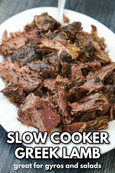 white platter with Greek lamb made in slow cooker and text Greek Tacos Lamb, Lamb For Gyros, Egyptian Lamb Recipes, Lamb In Crockpot Slow Cooker, Lamb Leg Crockpot Recipes, Simple Lamb Recipes, Slow Cooker Greek Lamb, Gyro Lamb Recipe, Leg Of Lamb Recipes Bone In Slow Cooker