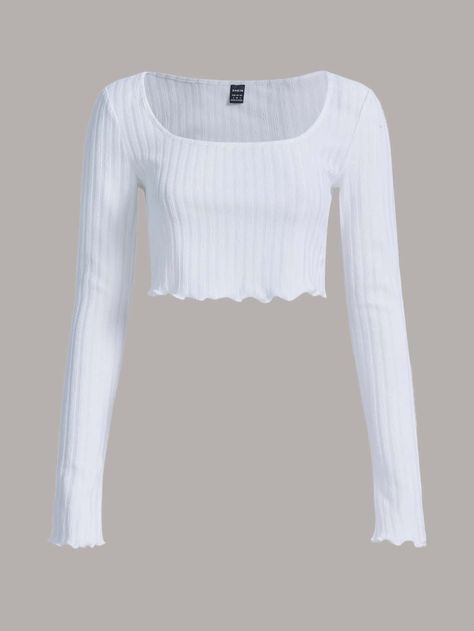 Blanco Casual Collar manga larga Tela tejida Liso  Embellished Elástico Ligero  Ropa de Mujer Top Manga Larga, Top Manga, Cute Crop Tops, Women T Shirts, White Casual, Crop Tee, Long Sleeve Knit, White Long Sleeve, Lettuce