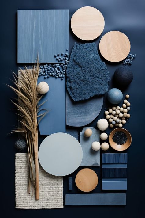 Mood Board Blue Interior Design, Colour Palette Inspiration Interiors, Japandi Blue Interior, Blue Material Board, Blue And Beige Interior, Navy Blue Mood Board, Office Mood Board Interior Design, Material Mood Board Interior Design, Dark Blue Interior Design