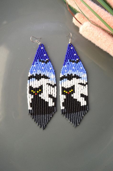 Seed Bead Cat, Fringe Earrings Diy, Fringe Bead Earrings, Thread Projects, Beading Stitches, Diy Seed Bead Earrings, Holiday Beading, Earrings Fall, Halloween Beads