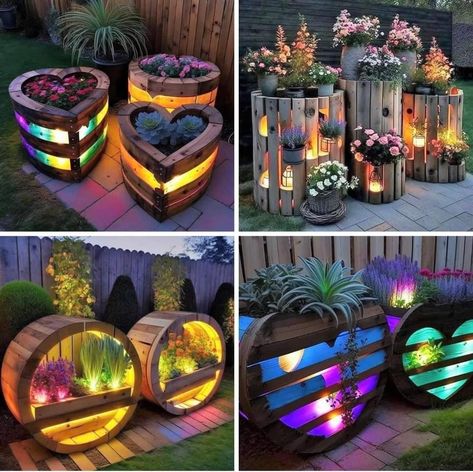 Planters With Lights, Wooden Pallet Ideas, Landscaping Florida, Garden Decor Projects, House Landscaping, Pallet Creations, Deck Decorating Ideas, Deck Decorating Ideas On A Budget, Backyard Diy Projects