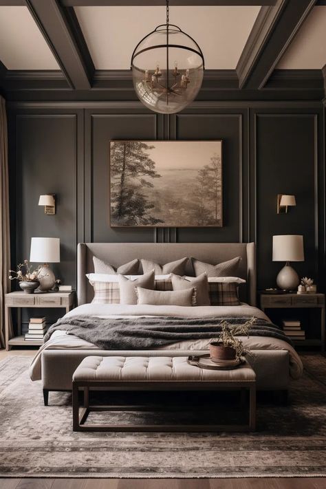 40+ Moody Romantic Bedroom Ideas To Unwind In Interior Design Room Bedroom, Bedroom Inspirations Hotel Style, Moody Bedroom With Fireplace, Stunning Bedrooms Master Suite, Guest Bedroom Wall Ideas, Owners Retreat Bedrooms, Restoration Hardware Bedroom Ideas, Black Wall Paneling Bedroom, Moody Bedroom Lighting