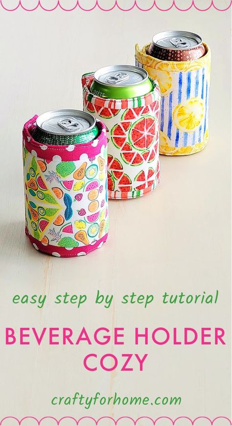 Easy sewing craft tutorial to make DIY beverage holder cozy, so it is more comfortable when holding the cold soda. Easy sewing project for summer. Sewing Projects For Camping, Sewing For Camping, Craft Show Sewing Ideas To Sell, Easy Summer Sewing Projects, Scrap Fabric Sewing Projects, Items To Sew And Sell, Easy Sewing Projects For Beginners Free, Sewing Ideas To Sell, Small Sewing Projects To Sell